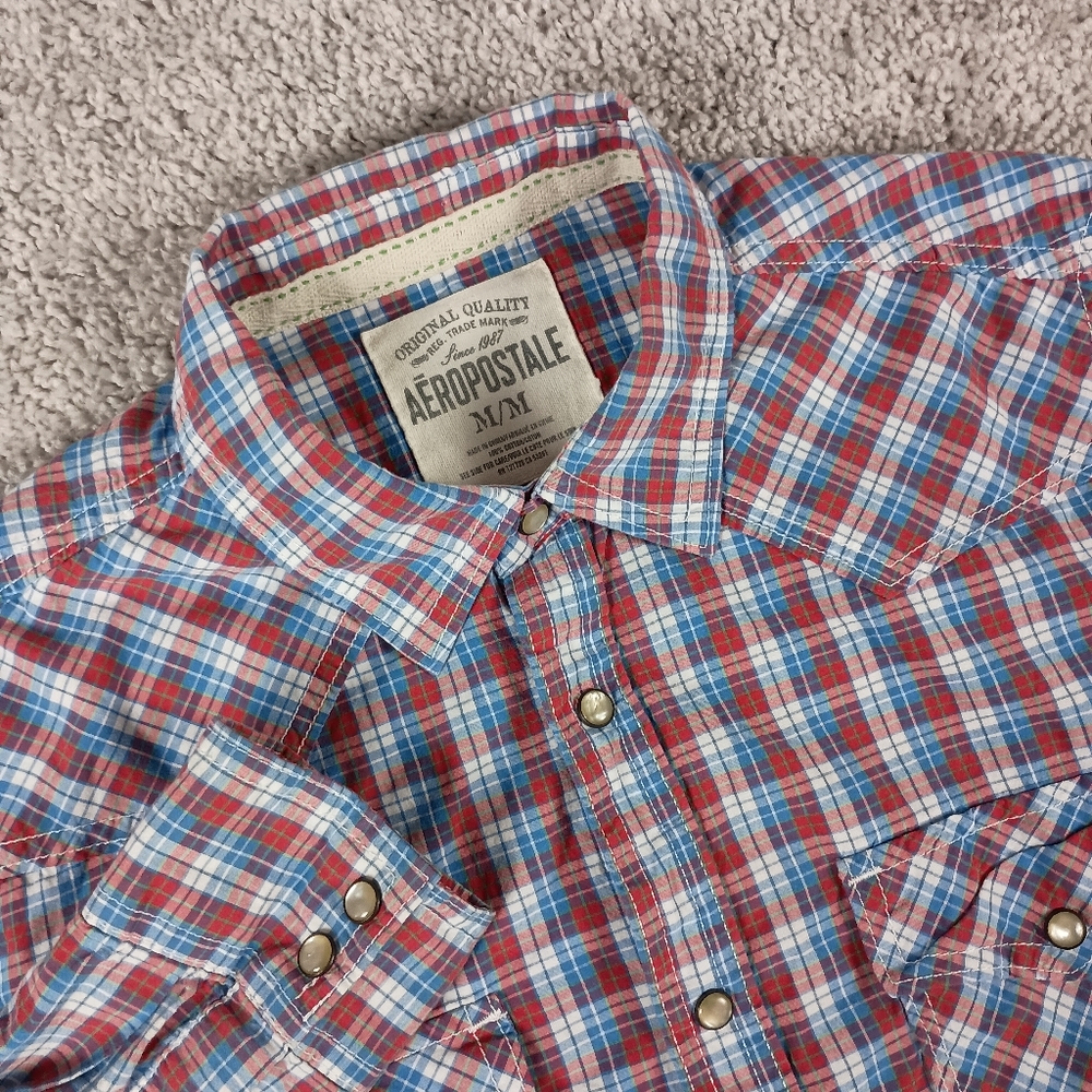 Aeropostale Men's‎ M Red White Blue Plaid Pearl Snap Long Sleeve Shirt